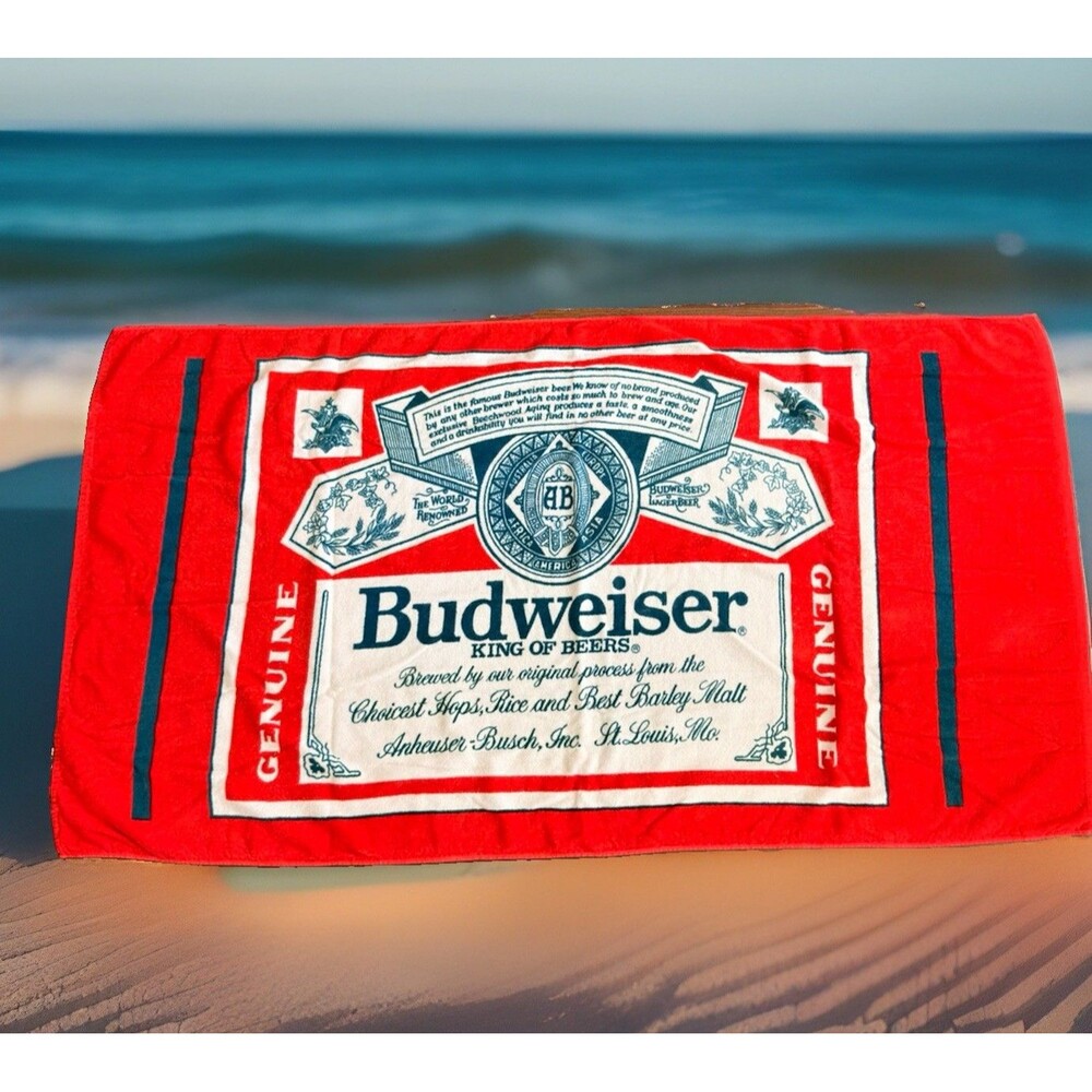 Budweiser Bottle Label Beach Towel R.A. Briggs King of Beers Red Blue VTG 54x29